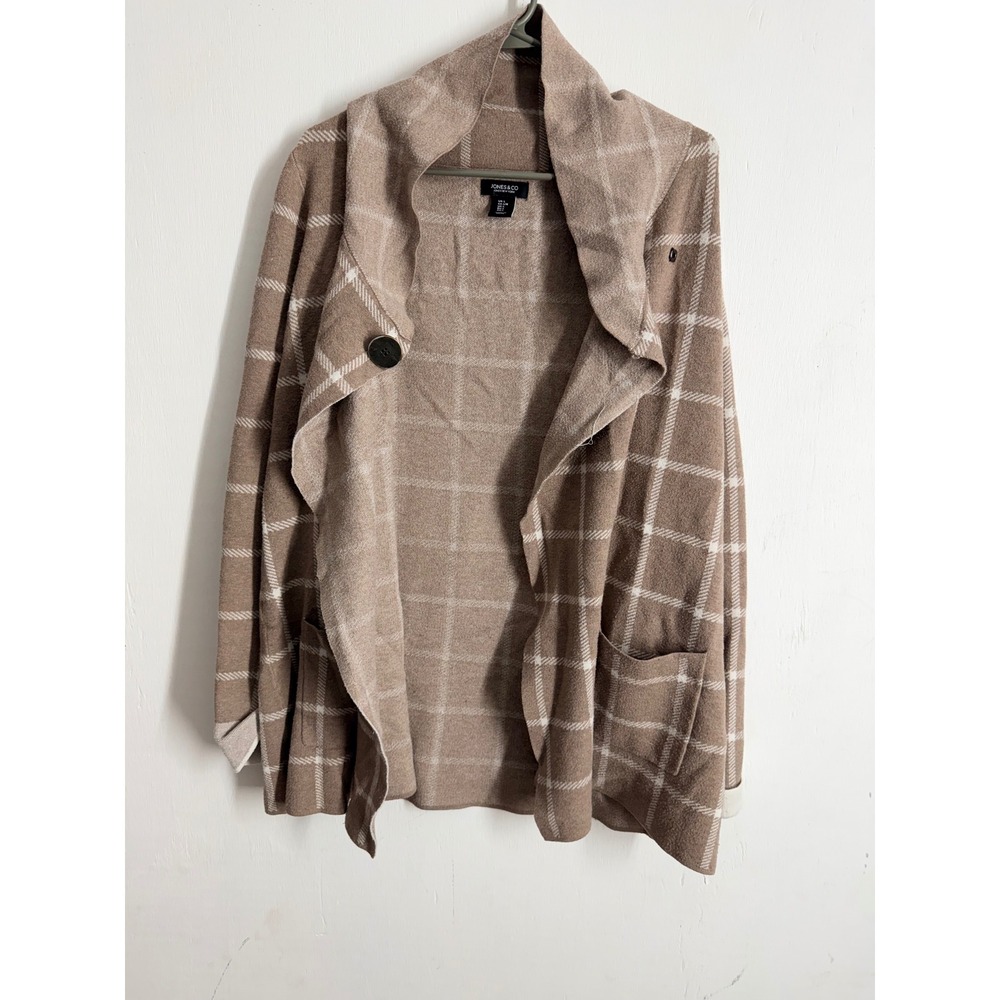 Jones New York Plaid Draped Cardigan Tan White Windowpane Wrap Sweater Large